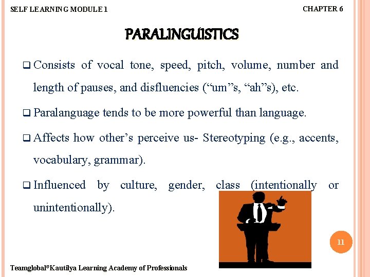 CHAPTER 6 SELF LEARNING MODULE 1 PARALINGUISTICS q Consists of vocal tone, speed, pitch,