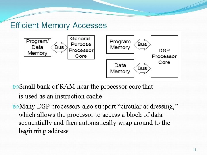 Efficient Memory Accesses Small bank of RAM near the processor core that is used