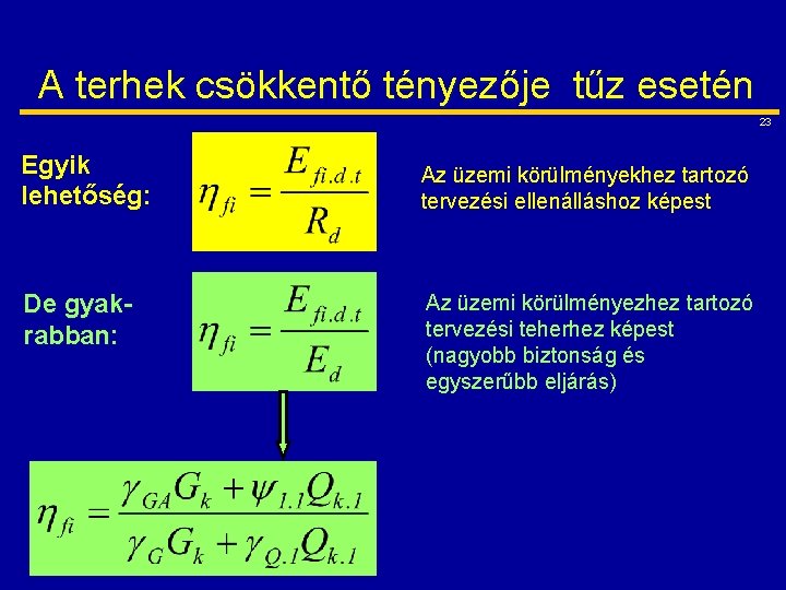 A terhek csökkentő tényezője tűz esetén 23 Egyik lehetőség: De gyakrabban: Az üzemi körülményekhez