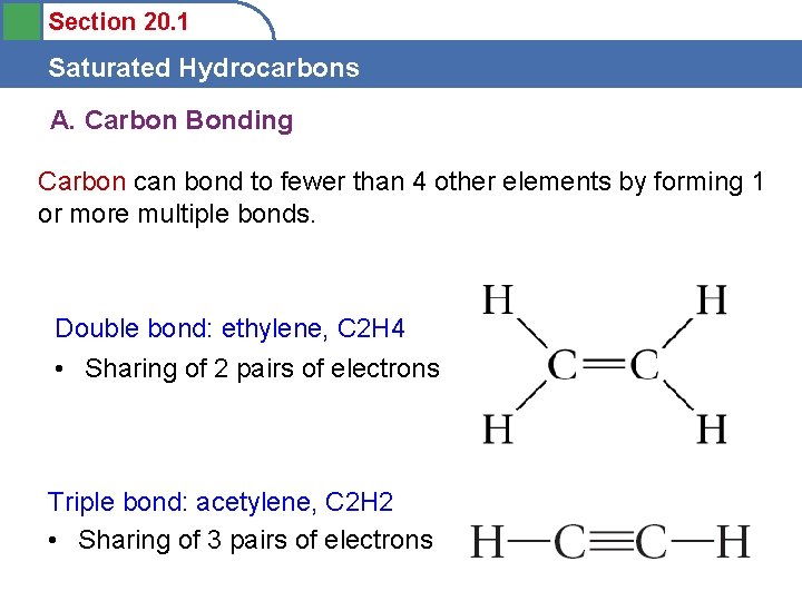 Section 20. 1 Saturated Hydrocarbons A. Carbon Bonding Carbon can bond to fewer than