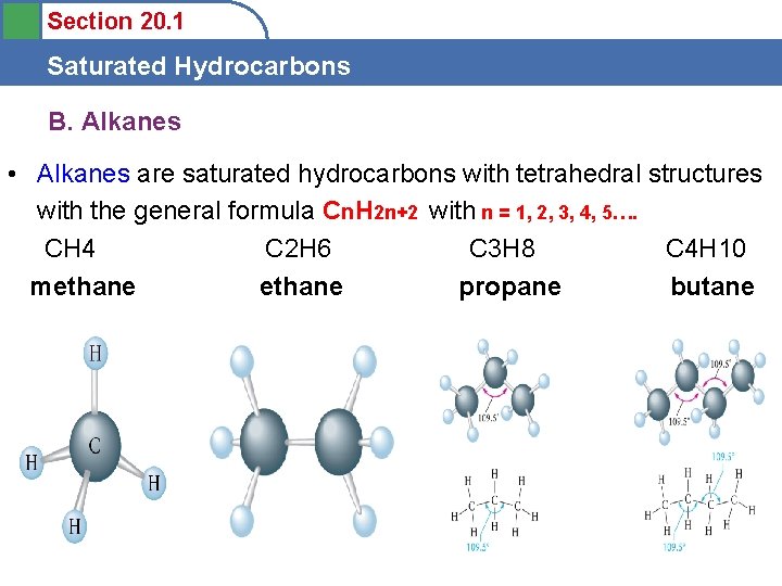 Section 20. 1 Saturated Hydrocarbons B. Alkanes • Alkanes are saturated hydrocarbons with tetrahedral