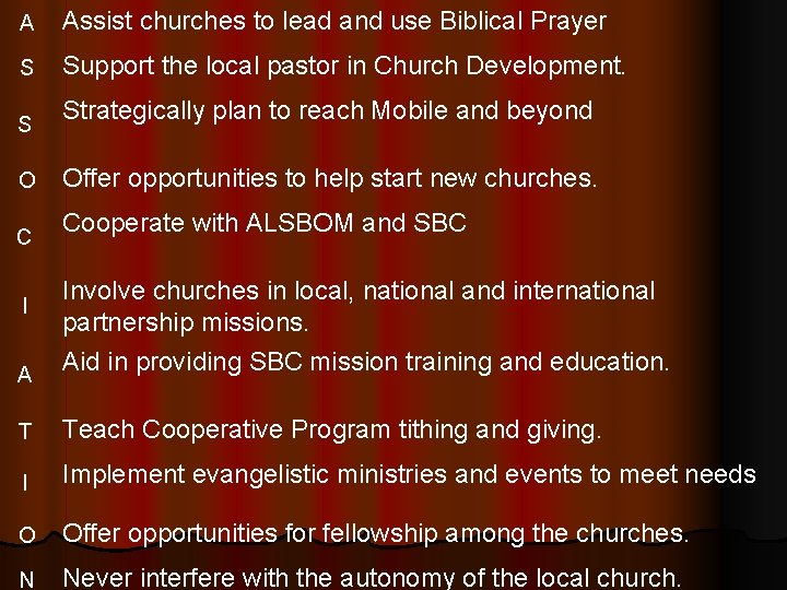 A Assist churches to lead and use Biblical Prayer S Support the local pastor