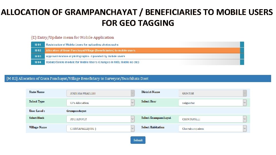 ALLOCATION OF GRAMPANCHAYAT / BENEFICIARIES TO MOBILE USERS FOR GEO TAGGING 