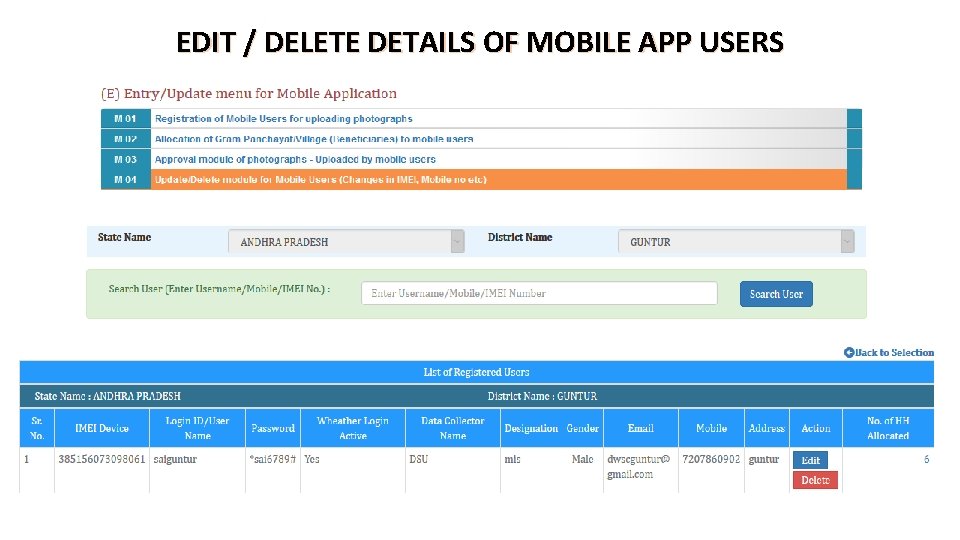 EDIT / DELETE DETAILS OF MOBILE APP USERS 