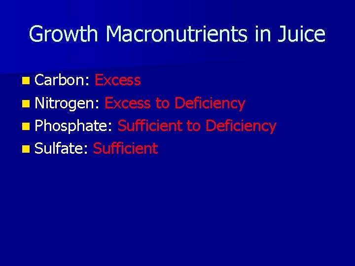 Growth Macronutrients in Juice n Carbon: Excess n Nitrogen: Excess to Deficiency n Phosphate: