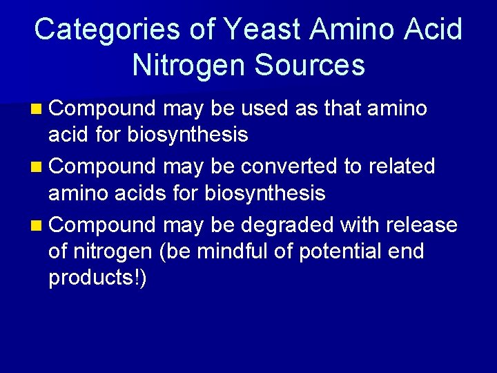 Categories of Yeast Amino Acid Nitrogen Sources n Compound may be used as that