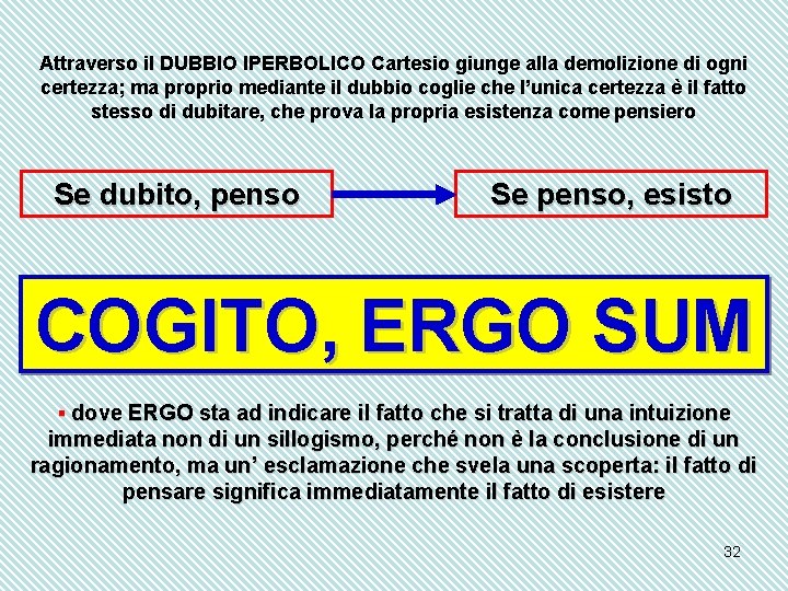 Attraverso il DUBBIO IPERBOLICO Cartesio giunge alla demolizione di ogni certezza; ma proprio mediante