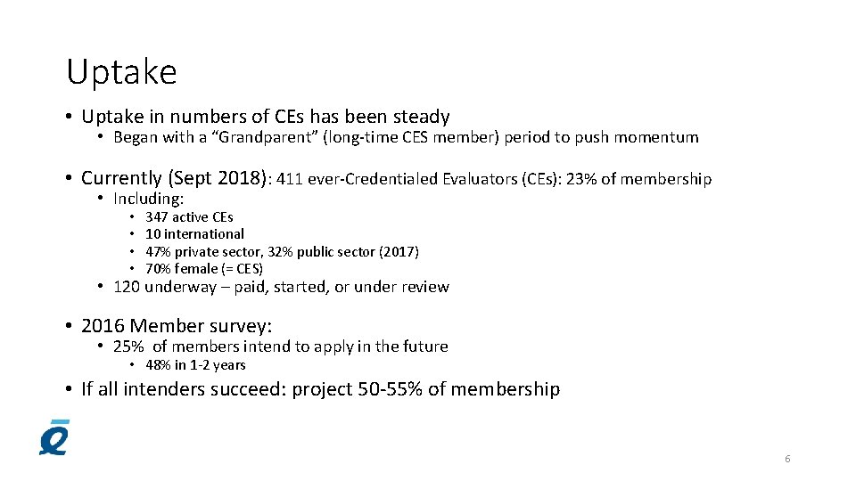 Uptake • Uptake in numbers of CEs has been steady • Began with a