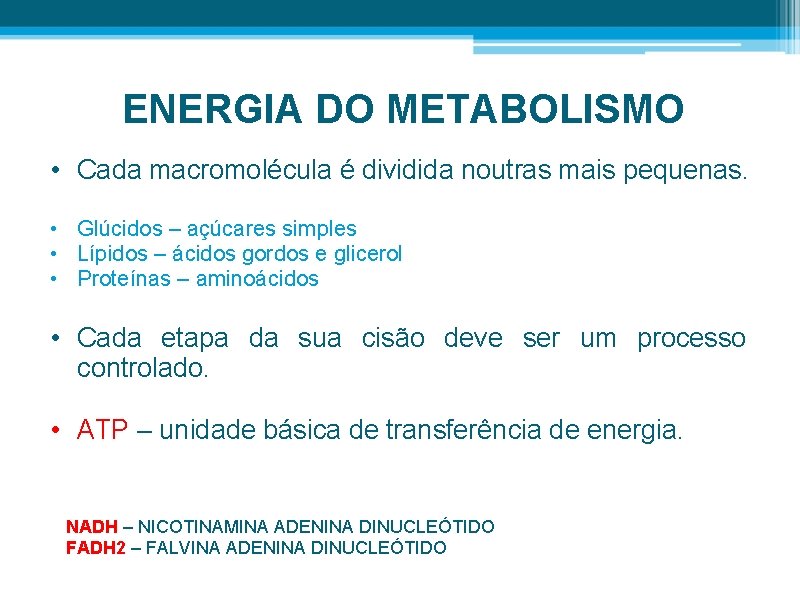 ENERGIA DO METABOLISMO • Cada macromolécula é dividida noutras mais pequenas. • Glúcidos –