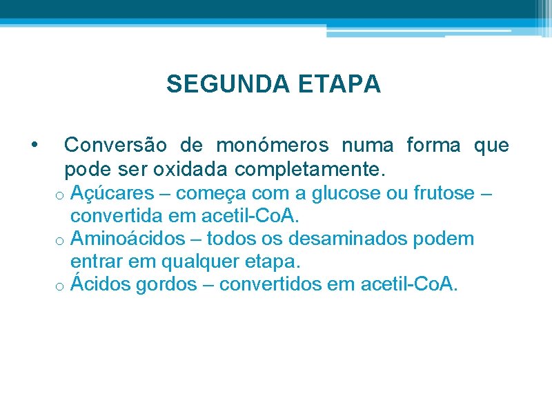 SEGUNDA ETAPA • Conversão de monómeros numa forma que pode ser oxidada completamente. Açúcares