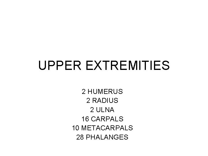 UPPER EXTREMITIES 2 HUMERUS 2 RADIUS 2 ULNA 16 CARPALS 10 METACARPALS 28 PHALANGES