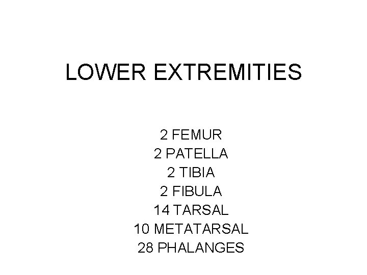 LOWER EXTREMITIES 2 FEMUR 2 PATELLA 2 TIBIA 2 FIBULA 14 TARSAL 10 METATARSAL