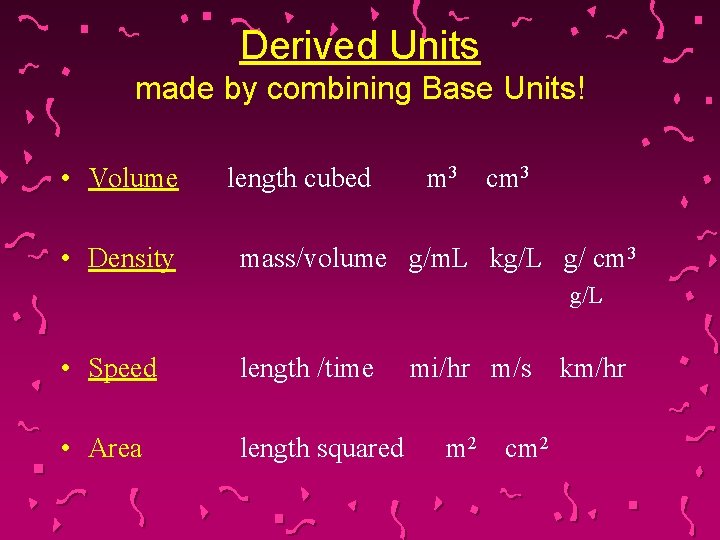 Derived Units made by combining Base Units! • Volume • Density length cubed m