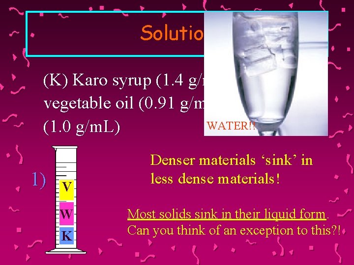 Solution (K) Karo syrup (1. 4 g/m. L), (V) vegetable oil (0. 91 g/m.