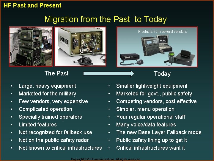 HF Past and Present Migration from the Past to Today Products from several vendors