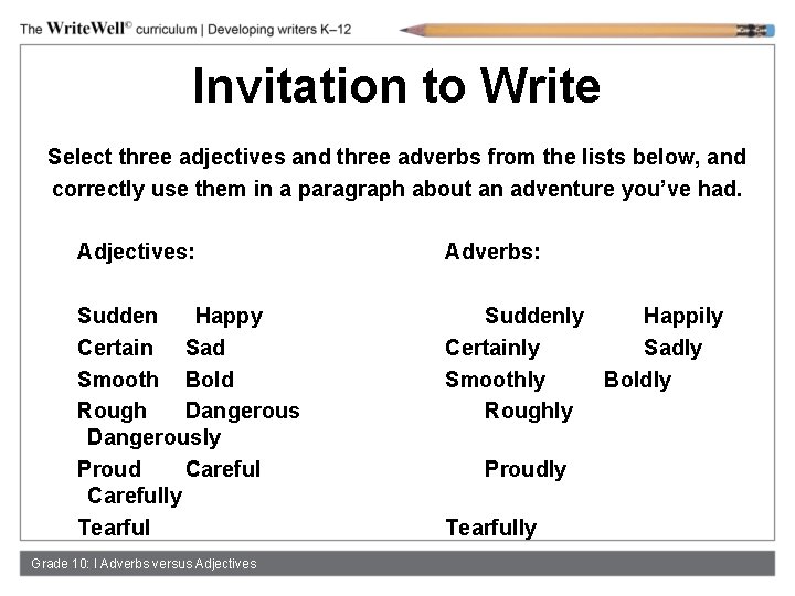 Invitation to Write Select three adjectives and three adverbs from the lists below, and