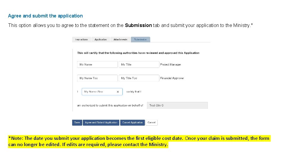 Agree and submit the application This option allows you to agree to the statement