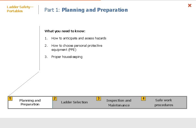 Ladder Safety— Portables Part 1: Planning and Preparation What you need to know: 1