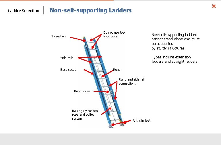 Ladder Selection Non-self-supporting Ladders Do not use top two rungs Fly section Non-self-supporting ladders