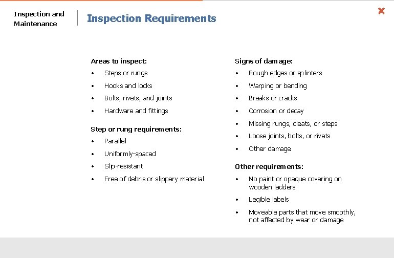 Inspection and Maintenance Inspection Requirements Areas to inspect: Signs of damage: • Steps or