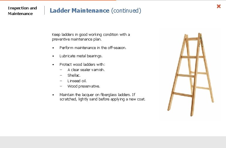 Inspection and Maintenance Ladder Maintenance (continued) Keep ladders in good working condition with a
