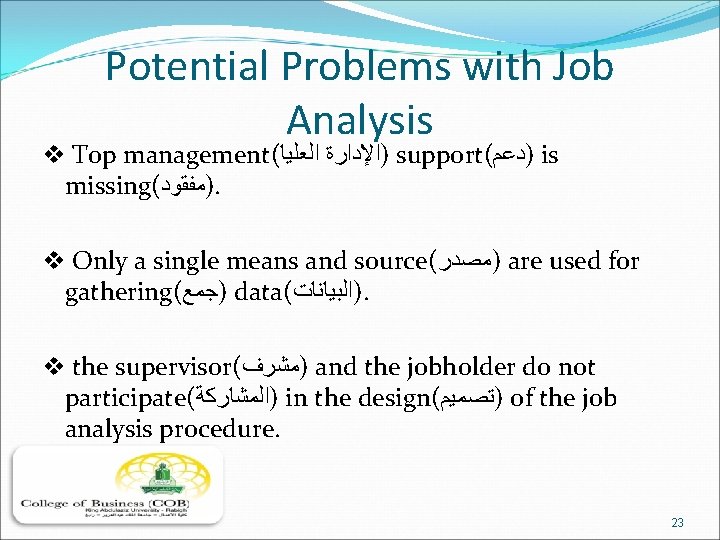 Potential Problems with Job Analysis v Top management( ﺍﻟﻌﻠﻴﺎ )ﺍﻹﺩﺍﺭﺓ support( )ﺩﻋﻢ is missing(