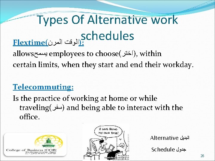 Types Of Alternative work schedules Flextime( ﺍﻟﻤﺮﻥ )ﺍﻟﻮﻗﺖ : allows ﻳﺴﻤﺢ employees to choose(