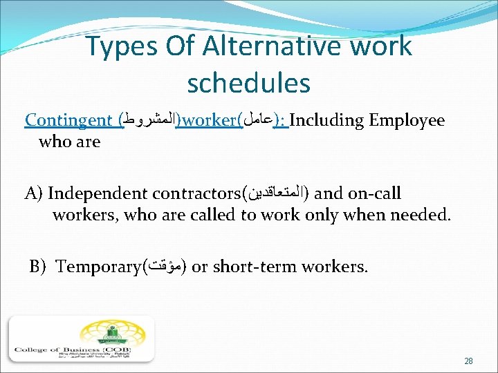 Types Of Alternative work schedules Contingent ( )ﺍﻟﻤﺸﺮﻭﻁ worker( )ﻋﺎﻣﻞ : Including Employee who