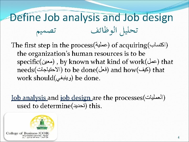 Define Job analysis and Job design ﺗﺼﻤﻴﻢ ﺍﻟﻮﻇﺎﺋﻒ ﺗﺤﻠﻴﻞ The first step in the