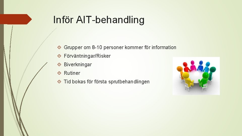 Inför AIT-behandling Grupper om 8 -10 personer kommer för information Förväntningar/Risker Biverkningar Rutiner Tid