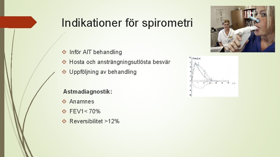 Indikationer för spirometri Inför AIT behandling Hosta och ansträngningsutlösta besvär Uppföljning av behandling Astmadiagnostik: