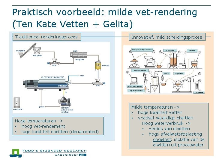 Praktisch voorbeeld: milde vet-rendering (Ten Kate Vetten + Gelita) Traditioneel renderingsproces Innovatief, mild scheidingsproces