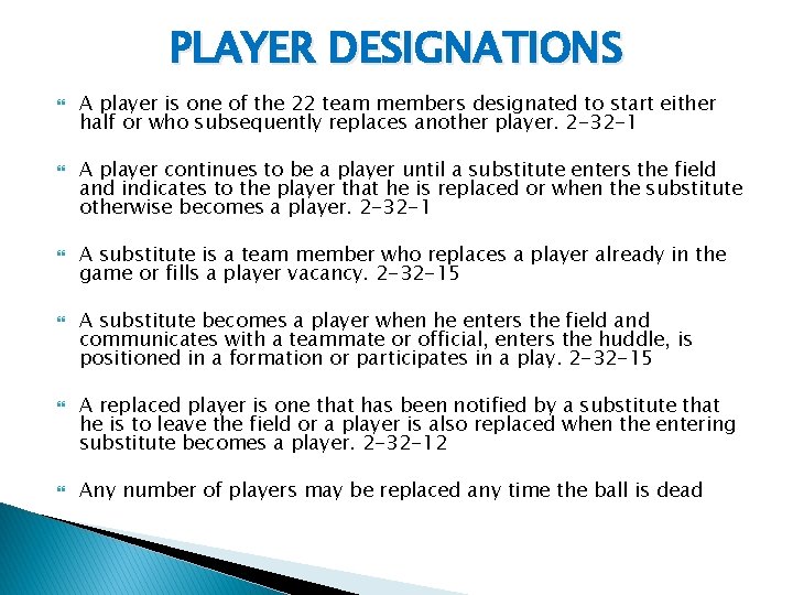 PLAYER DESIGNATIONS A player is one of the 22 team members designated to start