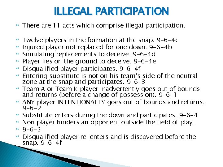 ILLEGAL PARTICIPATION There are 11 acts which comprise illegal participation. Twelve players in the