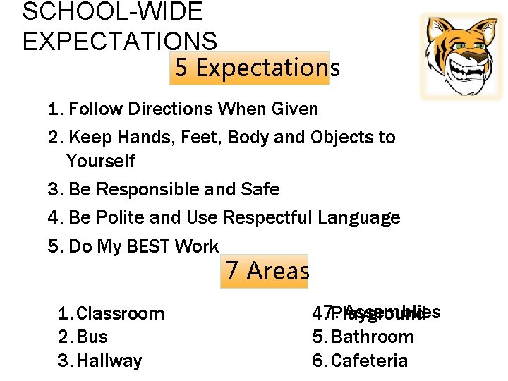 SCHOOL-WIDE EXPECTATIONS 5 Expectations 1. Follow Directions When Given 2. Keep Hands, Feet, Body