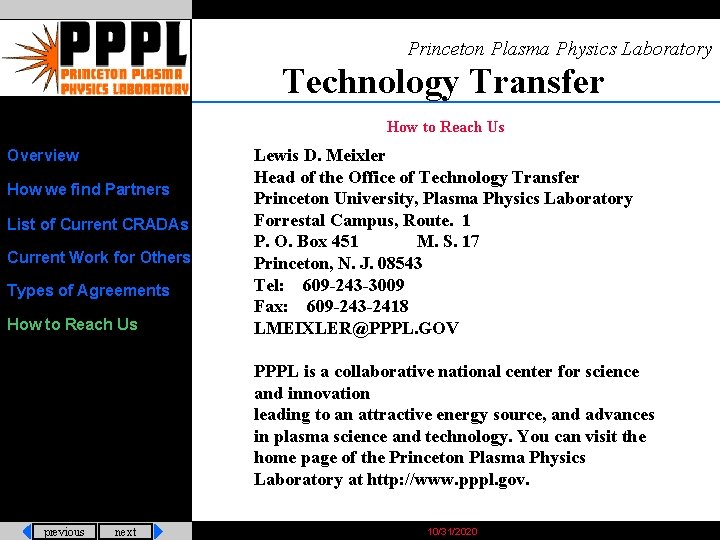 Princeton Plasma Physics Laboratory Technology Transfer How to Reach Us Overview How we find