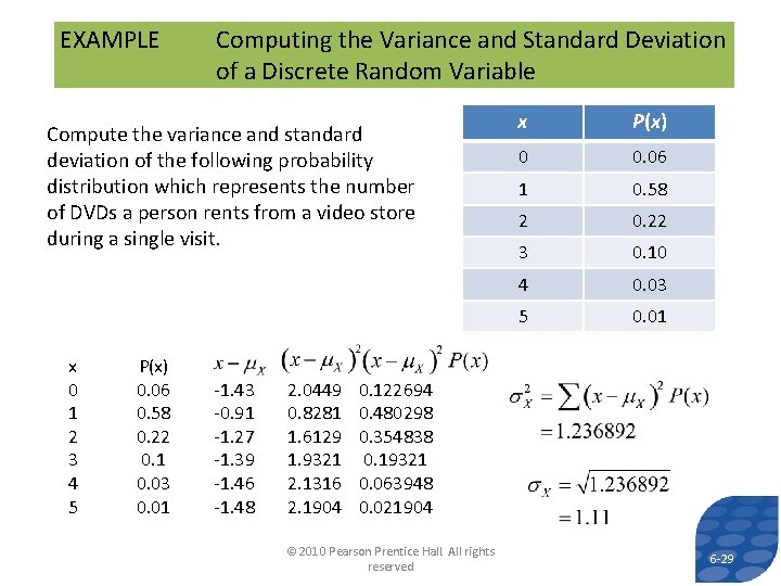 EXAMPLE Computing the Variance and Standard Deviation of a Discrete Random Variable Compute the EXAMPLE Computing the Variance and Standard Deviation of a Discrete Random Variable Compute the