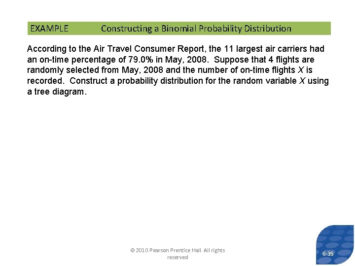 EXAMPLE Constructing a Binomial Probability Distribution According to the Air Travel Consumer Report, the