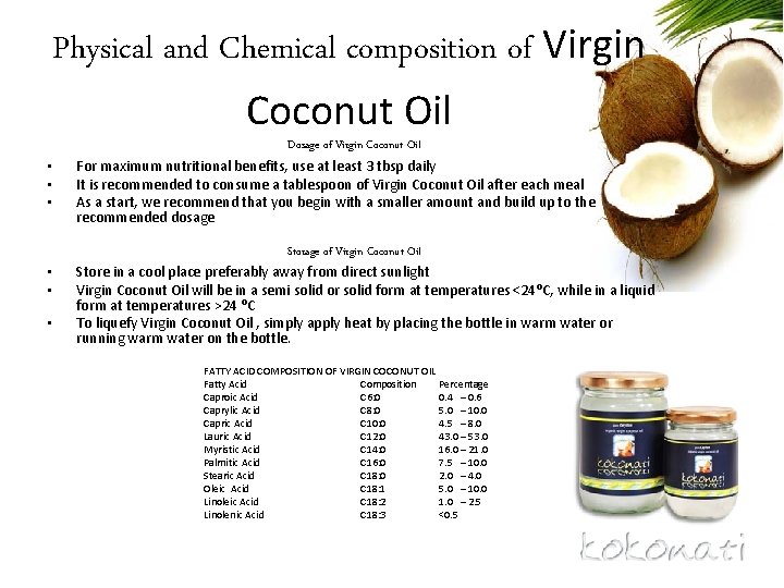 Physical and Chemical composition of Virgin Coconut Oil • • • Dosage of Virgin