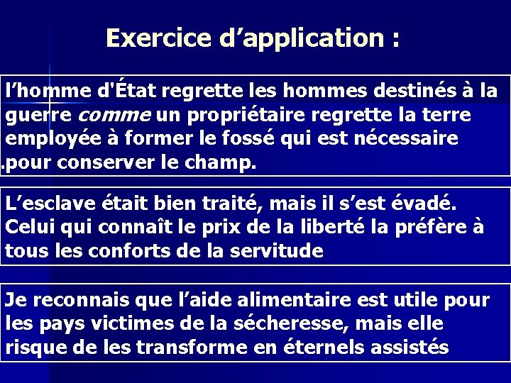 Exercice d’application : l’homme d'État regrette les hommes destinés à la guerre comme un