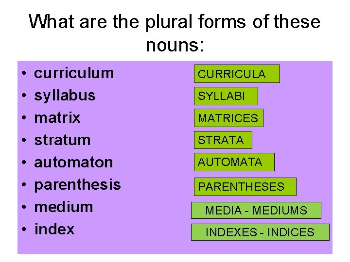 What are the plural forms of these nouns: • • curriculum syllabus matrix stratum