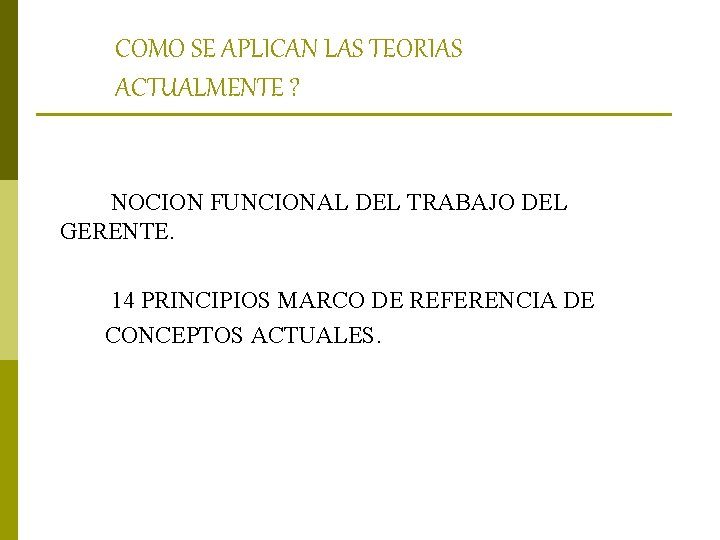 COMO SE APLICAN LAS TEORIAS ACTUALMENTE ? NOCION FUNCIONAL DEL TRABAJO DEL GERENTE. 14