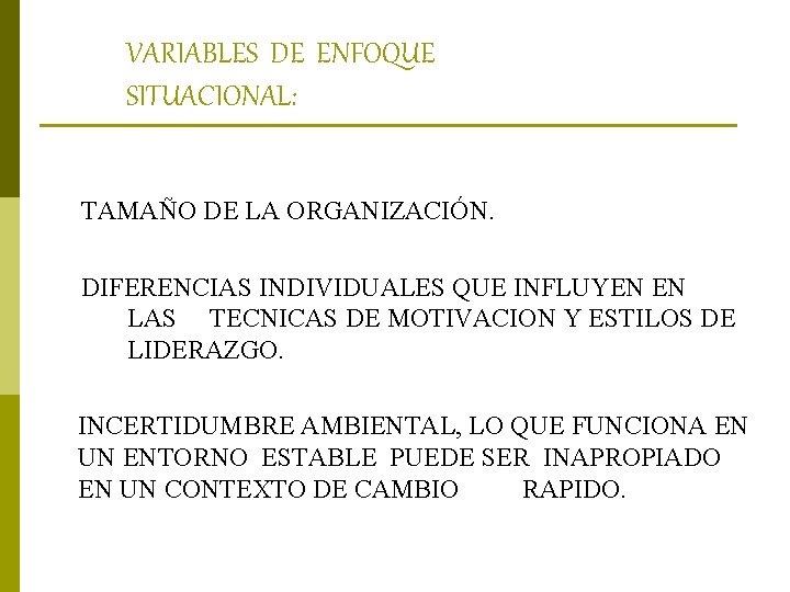 VARIABLES DE ENFOQUE SITUACIONAL: TAMAÑO DE LA ORGANIZACIÓN. DIFERENCIAS INDIVIDUALES QUE INFLUYEN EN LAS