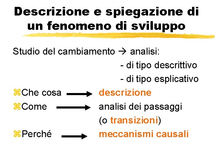 Descrizione e spiegazione di un fenomeno di sviluppo Studio del cambiamento analisi: - di