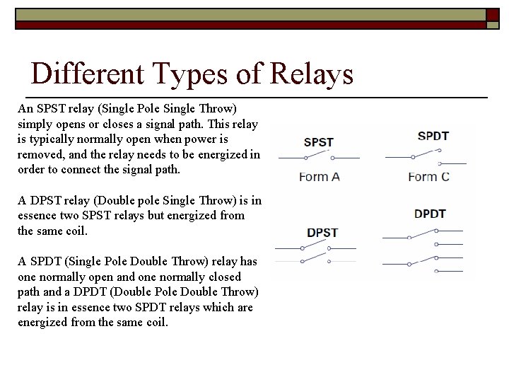 Different Types of Relays An SPST relay (Single Pole Single Throw) simply opens or