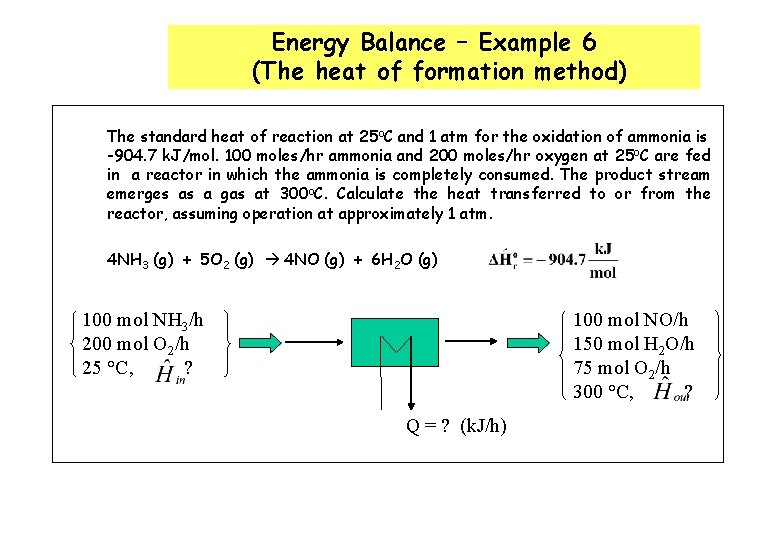 Energy Balance – Example 6 (The heat of formation method) The standard heat of