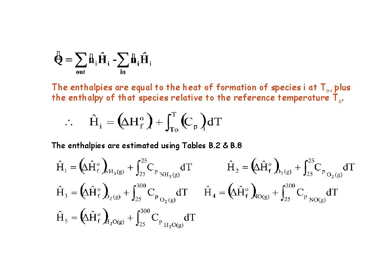 The enthalpies are equal to the heat of formation of species i at T