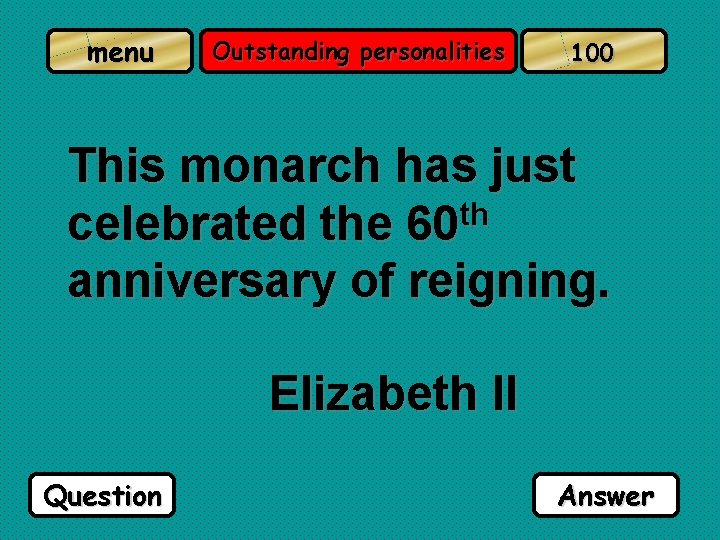 menu Outstanding personalities 100 This monarch has just celebrated the 60 th anniversary of