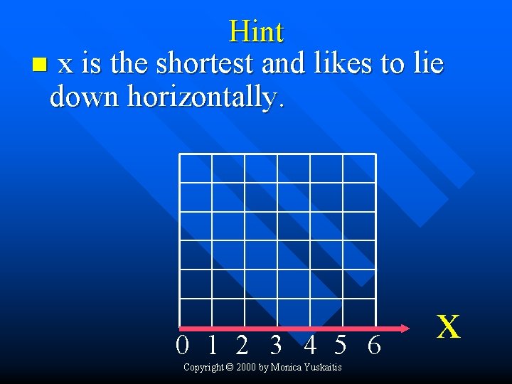 Hint n x is the shortest and likes to lie down horizontally. 0 1