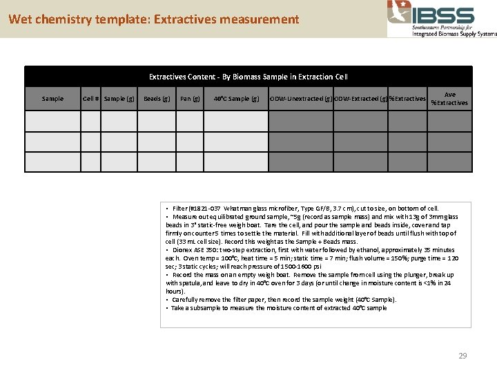  Wet chemistry template: Extractives measurement Extractives Content - By Biomass Sample in Extraction